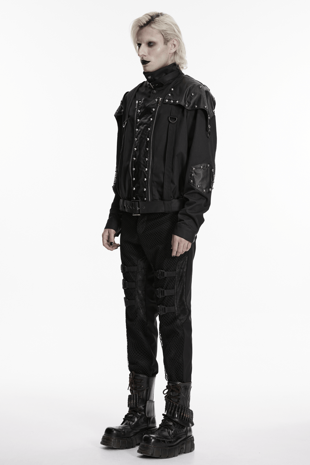Black Studded Cropped Biker Jacket with D-Rings worn by a model, showcasing a stylish, edgy look.