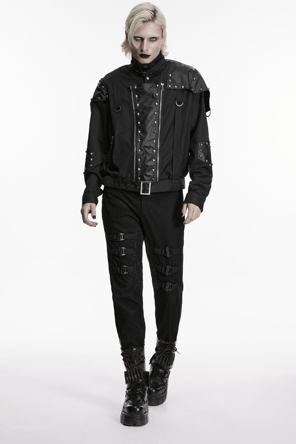 Black Studded Cropped Biker Jacket with D-Rings worn by a model in a stylish, edgy outfit.