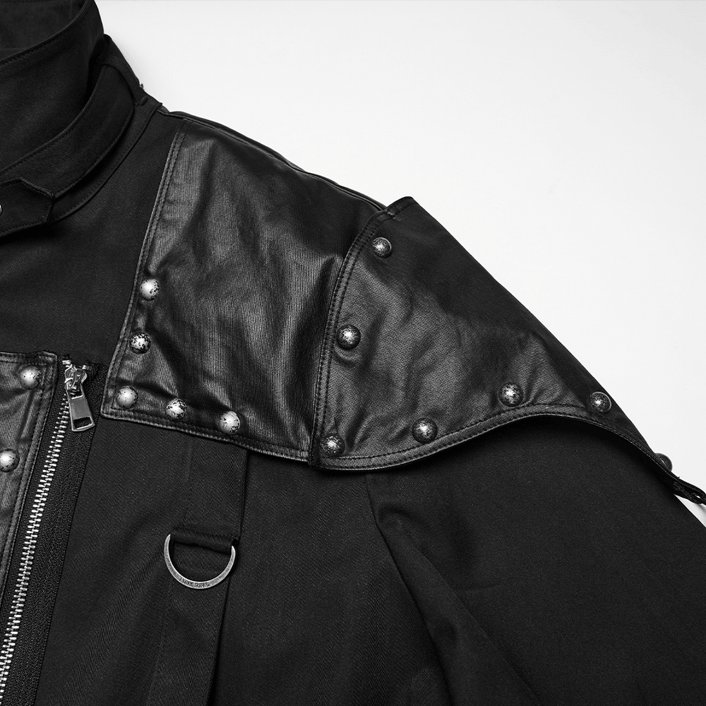 Black Studded Cropped Biker Jacket with D-Rings close-up of the shoulder detail and studs.