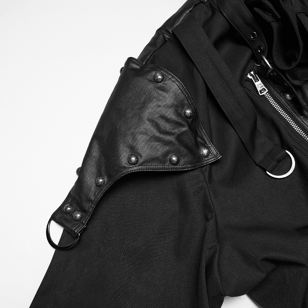 Close-up of Black Studded Cropped Biker Jacket with D-Rings showcasing its stylish details.