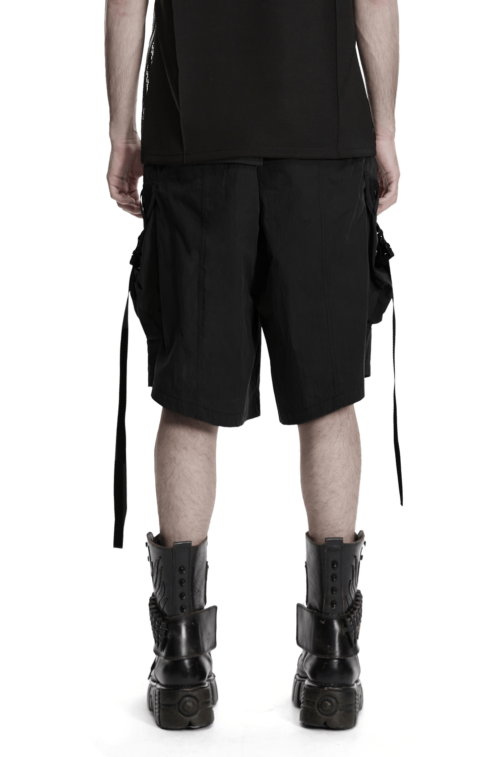 Black Techwear Cargo Shorts With Hanging Straps, featuring utility pockets and breathable mesh lining, styled with combat boots.