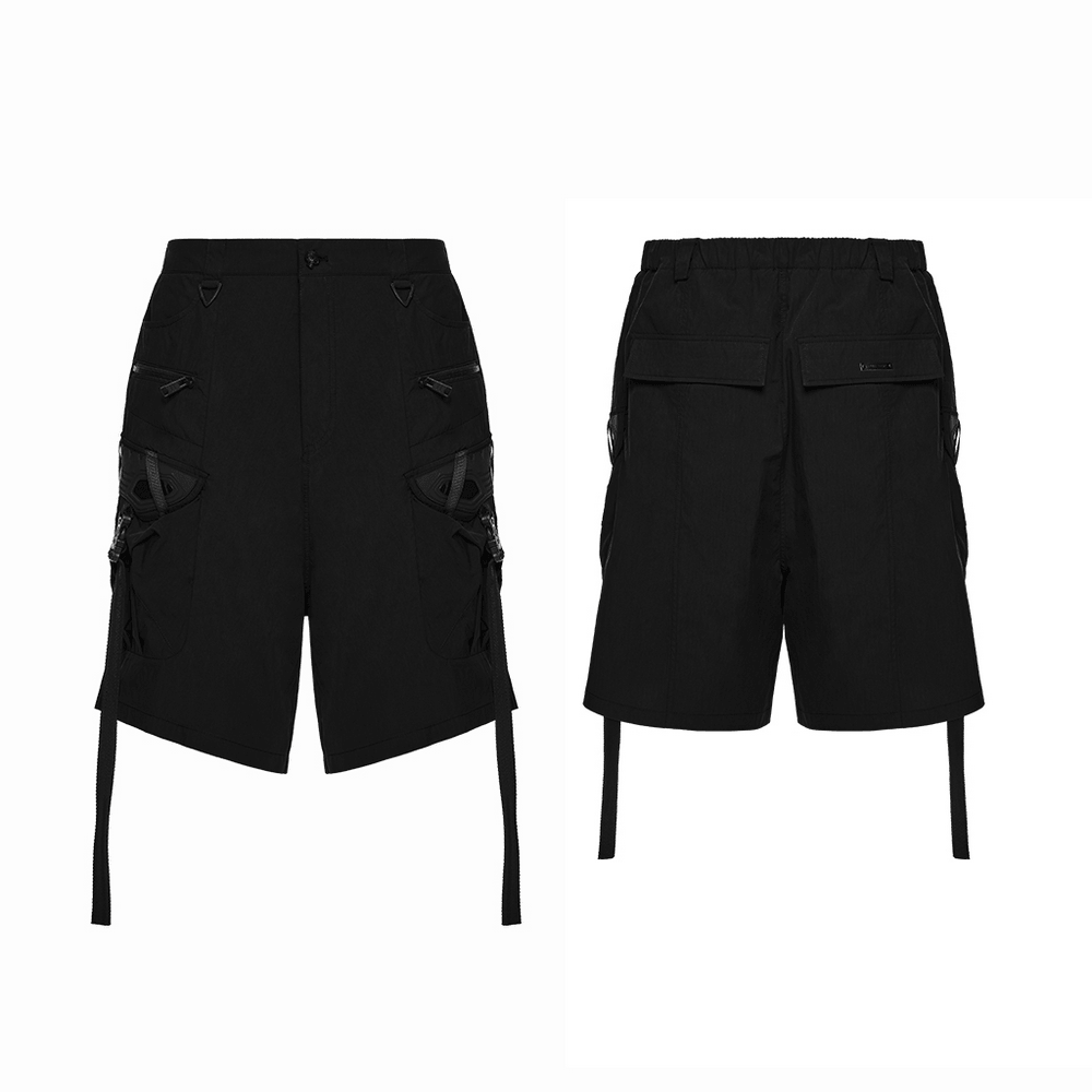 Black Techwear Cargo Shorts With Hanging Straps showcasing 3D utility pockets and hanging straps for a cyberpunk look.