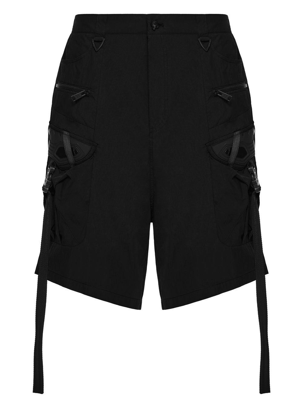 Black Techwear Cargo Shorts With Hanging Straps featuring utility pockets and breathable mesh lining.