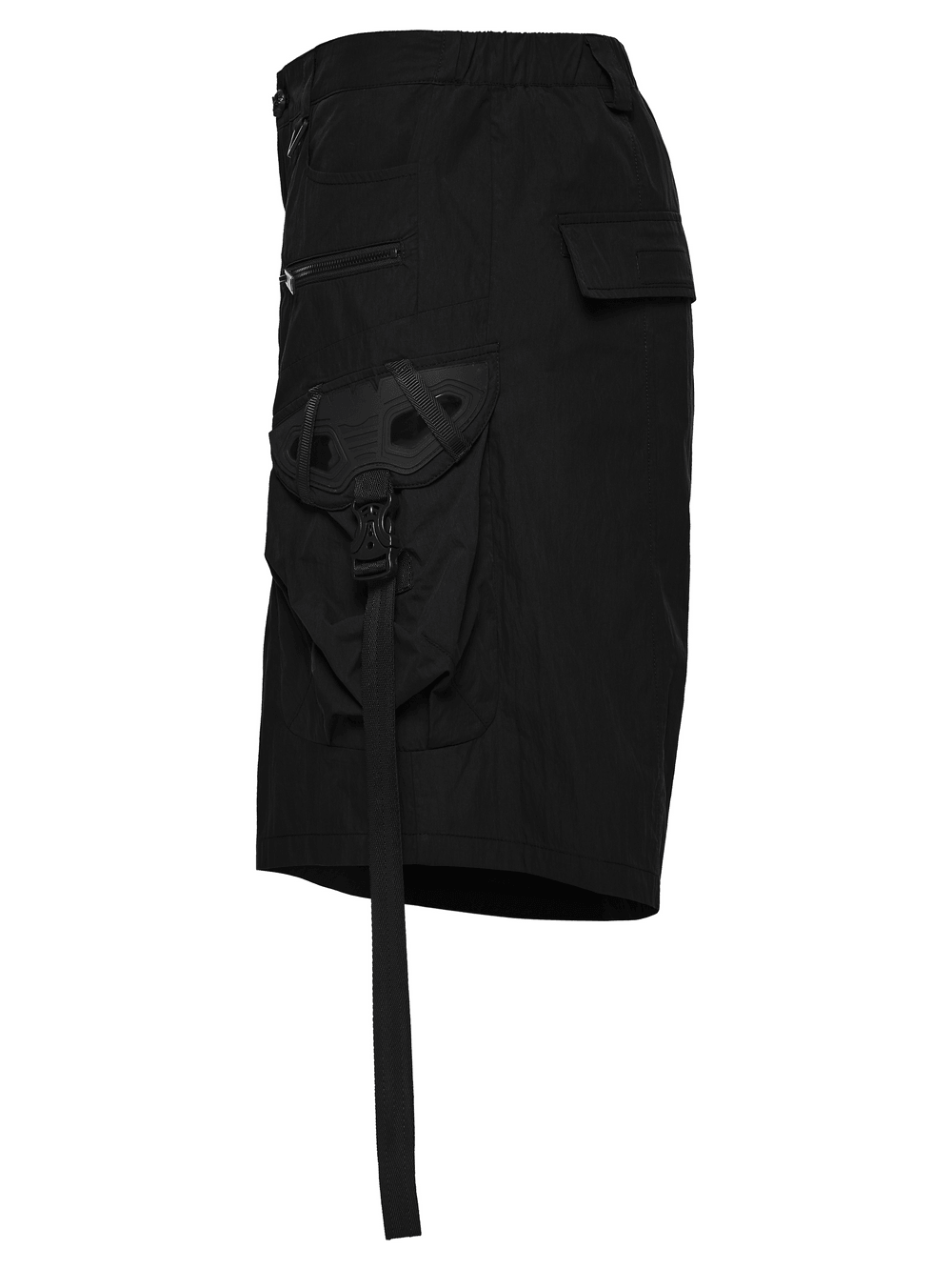 Black Techwear Cargo Shorts With Hanging Straps showcasing utilitarian style and 3D pockets, perfect for cyberpunk streetwear.