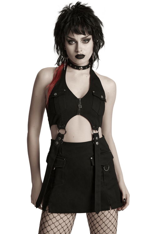 Black Twill Punk Harness Dress with Zipper and Straps