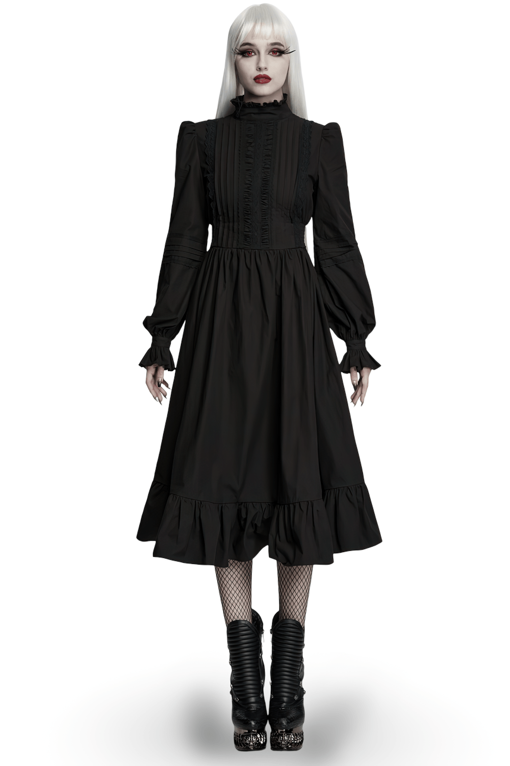 Black Victorian Gothic Midi Dress with Ruffle Hem showcased on a model, featuring ruffled stand collar and puff sleeves.