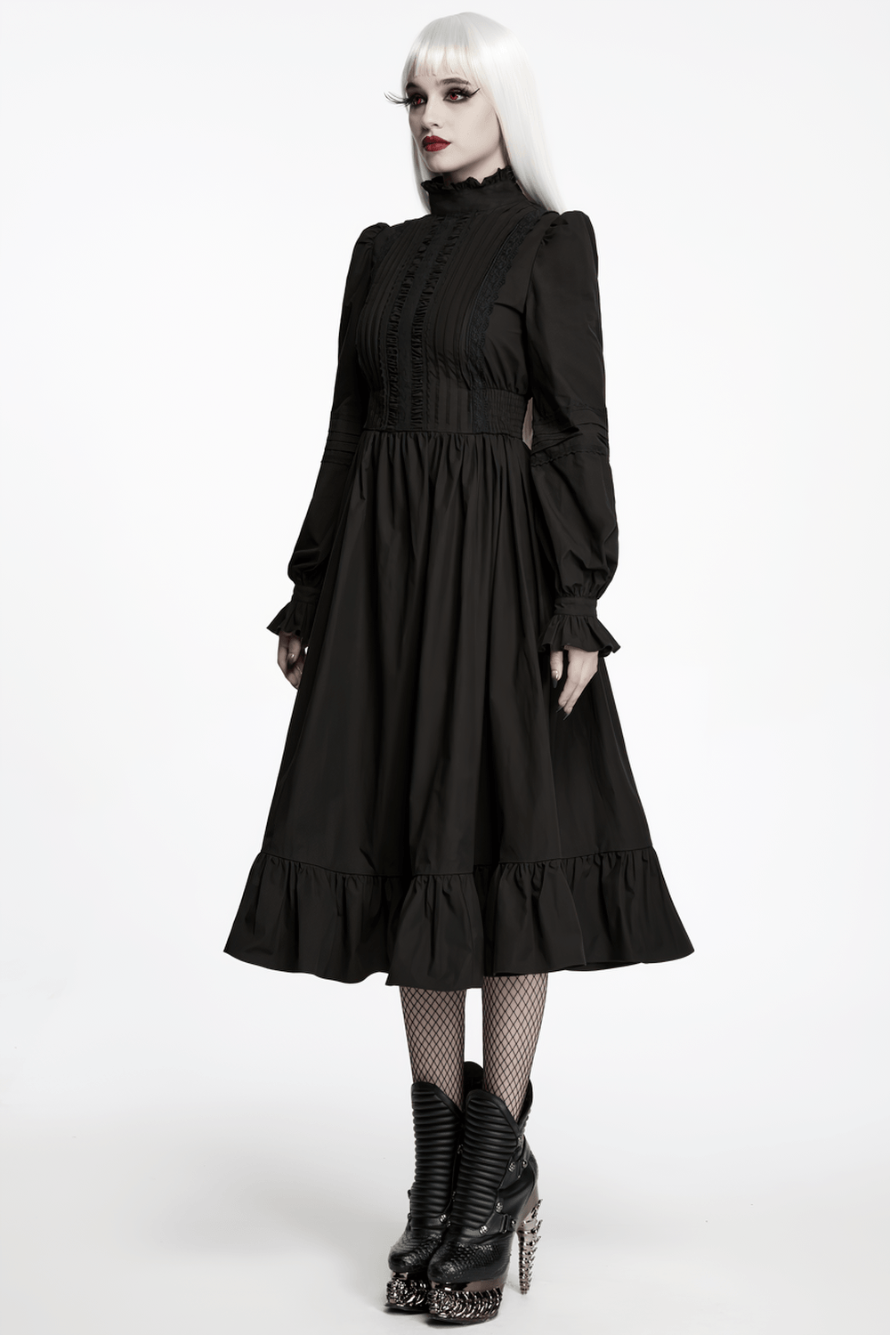 Black Victorian Gothic Midi Dress with Ruffle Hem worn by a model, highlighting an elegant high neck and dramatic silhouette.