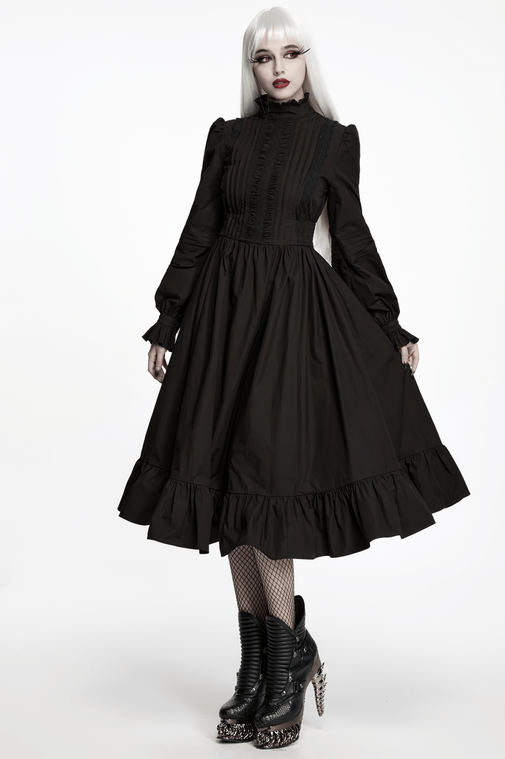 Stunning Black Victorian Gothic Midi Dress with Ruffle Hem showcased with dramatic puff sleeves and flowing hemline.