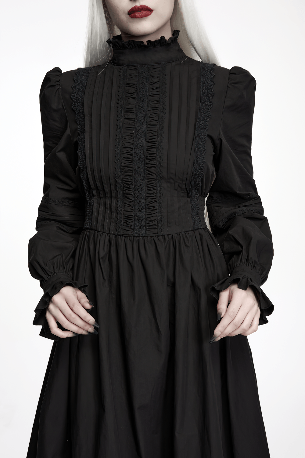 Black Victorian Gothic Midi Dress with Ruffle Hem features elegant high neck and ruffled details with puff sleeves.