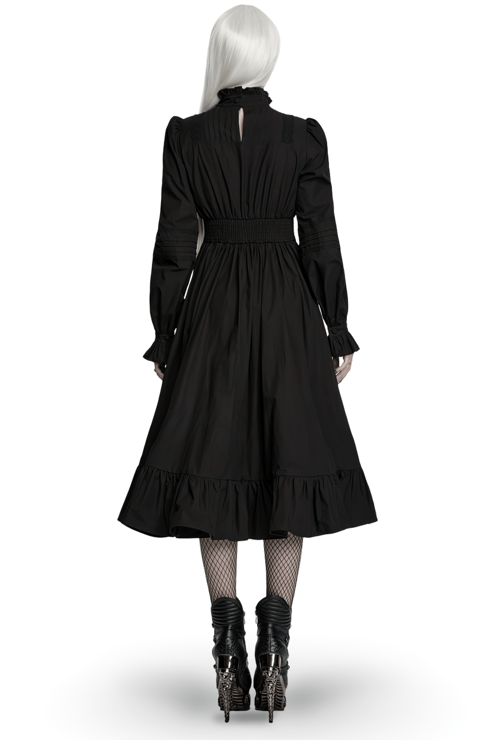 Black Victorian Gothic Midi Dress with Ruffle Hem showcasing the elegant back view and dramatic ruffle hem details.
