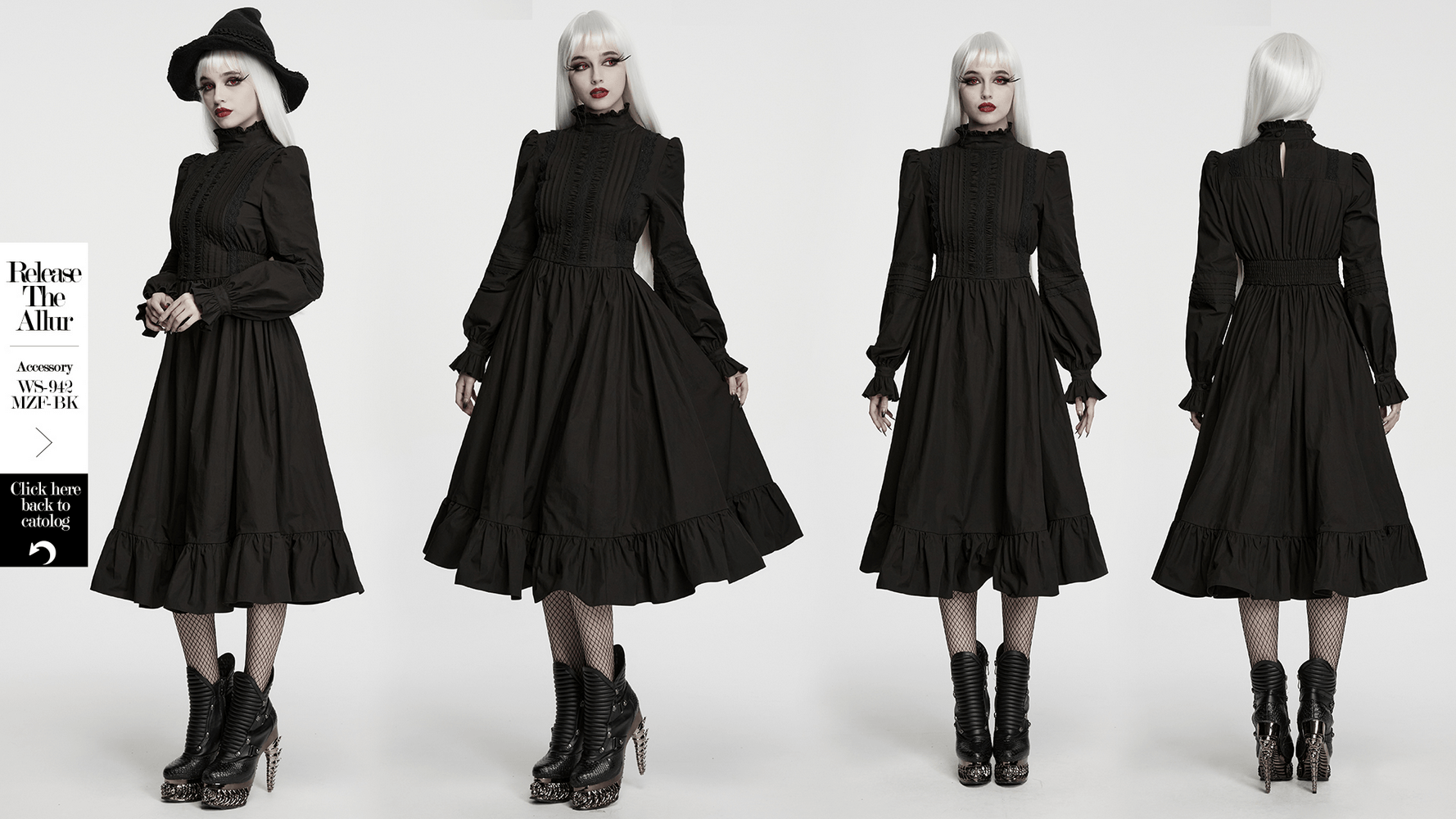 Black Victorian Gothic Midi Dress with Ruffle Hem showcased from multiple angles with dramatic styling.