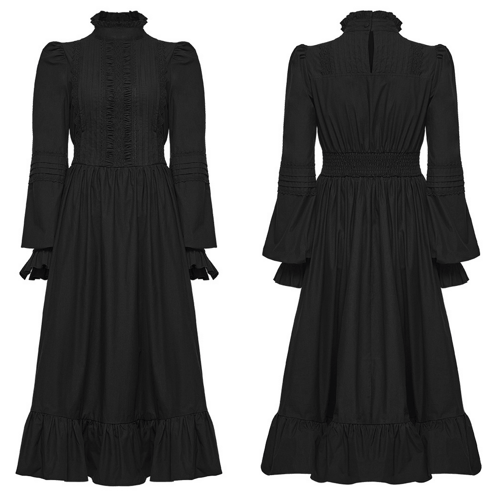 Black Victorian Gothic Midi Dress with Ruffle Hem showcasing elegant high neck, ruffled collar, and flowing hem.