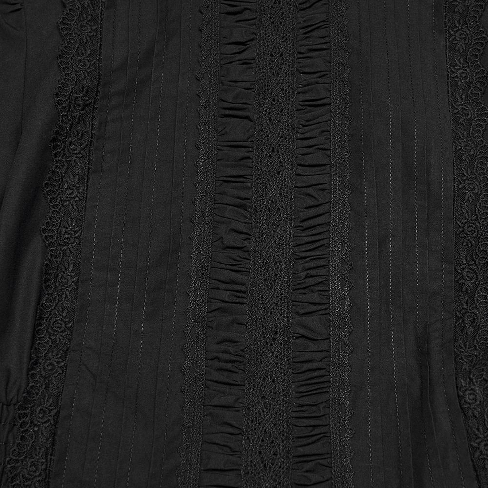 Black Victorian Gothic Midi Dress with Ruffle Hem detailed fabric showcasing ruffled textures and elegant lace accents.