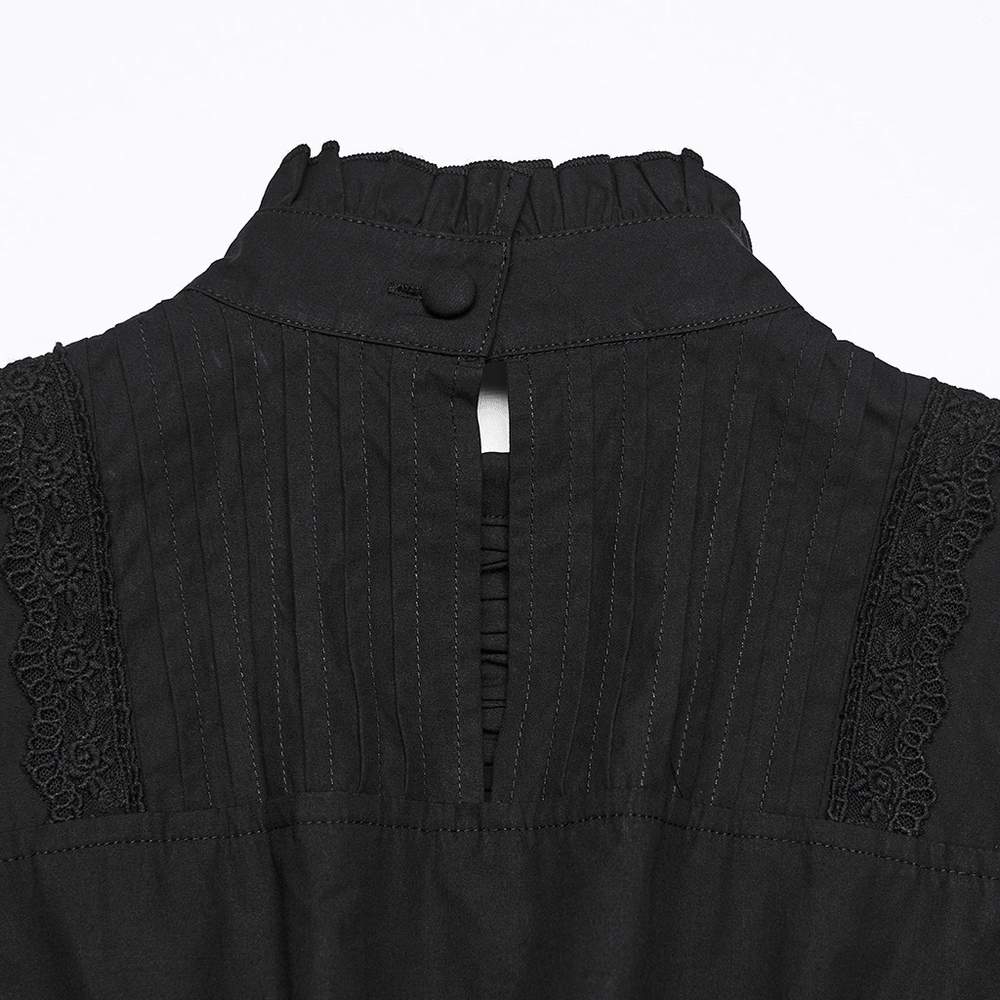 Black Victorian Gothic Midi Dress with Ruffle Hem back view featuring ruffled collar and button closure.