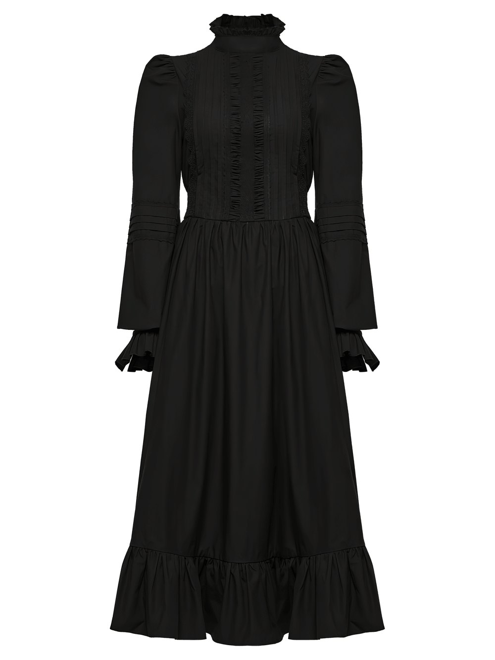 Black Victorian Gothic Midi Dress with Ruffle Hem displayed front view, showcasing ruffled stand collar and puff sleeves.