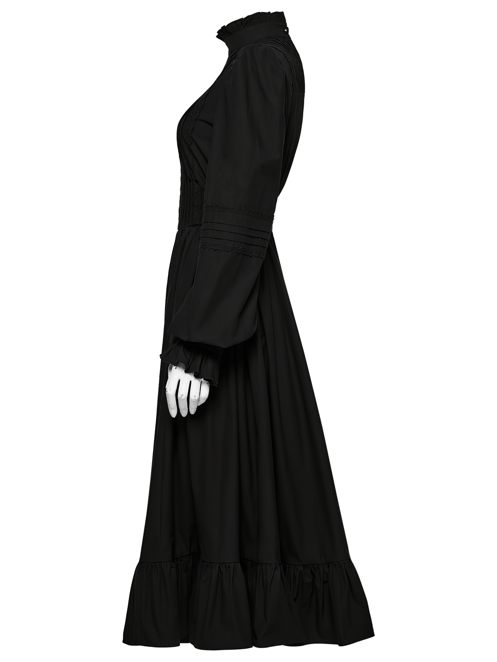 Black Victorian Gothic Midi Dress with Ruffle Hem showcased from the side, featuring puff sleeves and a ruffled stand collar.