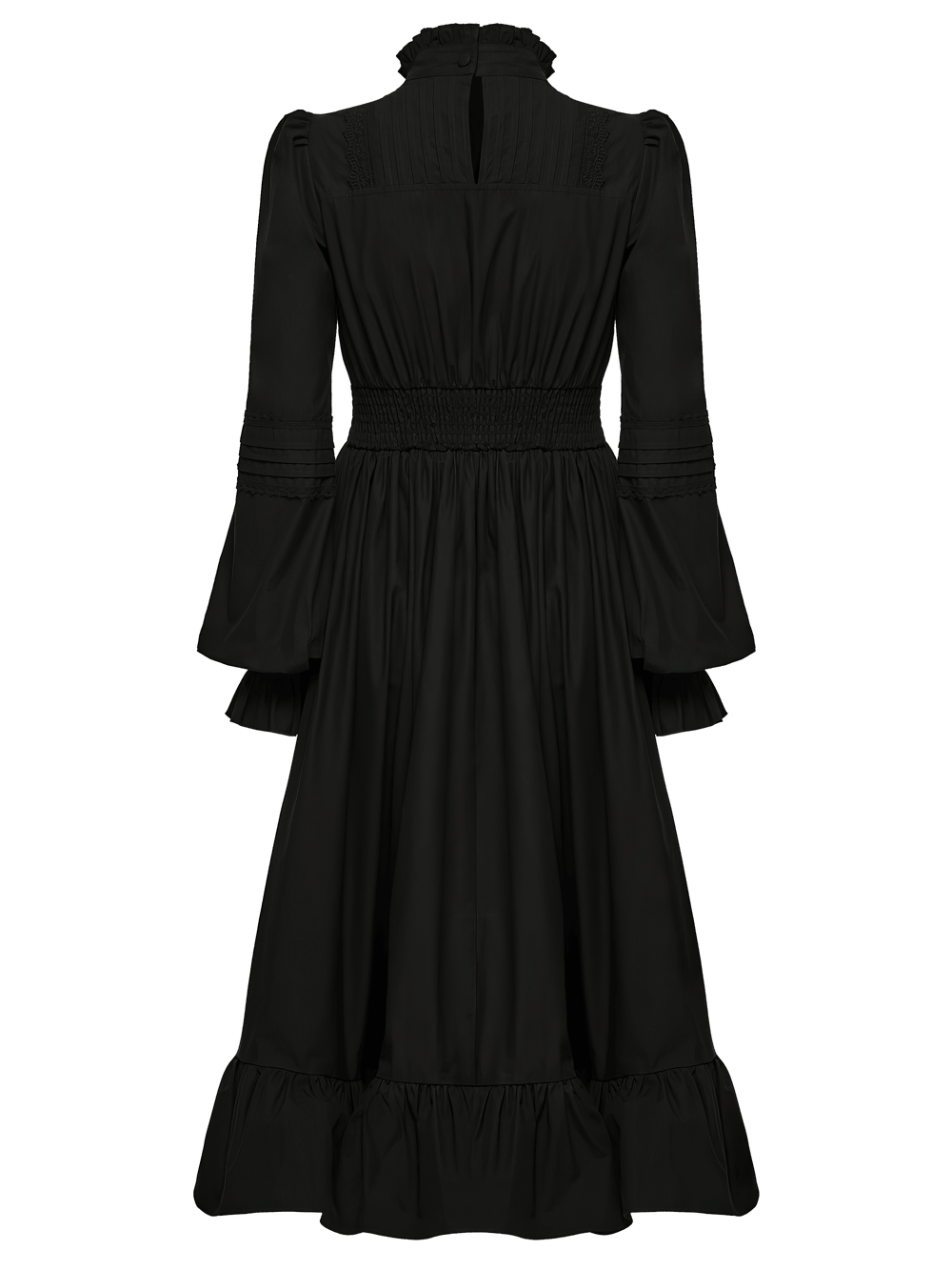 Black Victorian Gothic Midi Dress with Ruffle Hem showcasing elegant high neck and ruffled hem design.