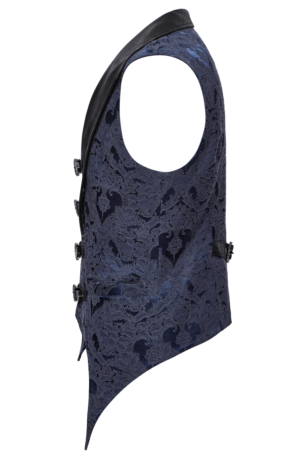 Side view of a blue gothic brocade waistcoat with leather lapel and elegant bat-shaped hem.