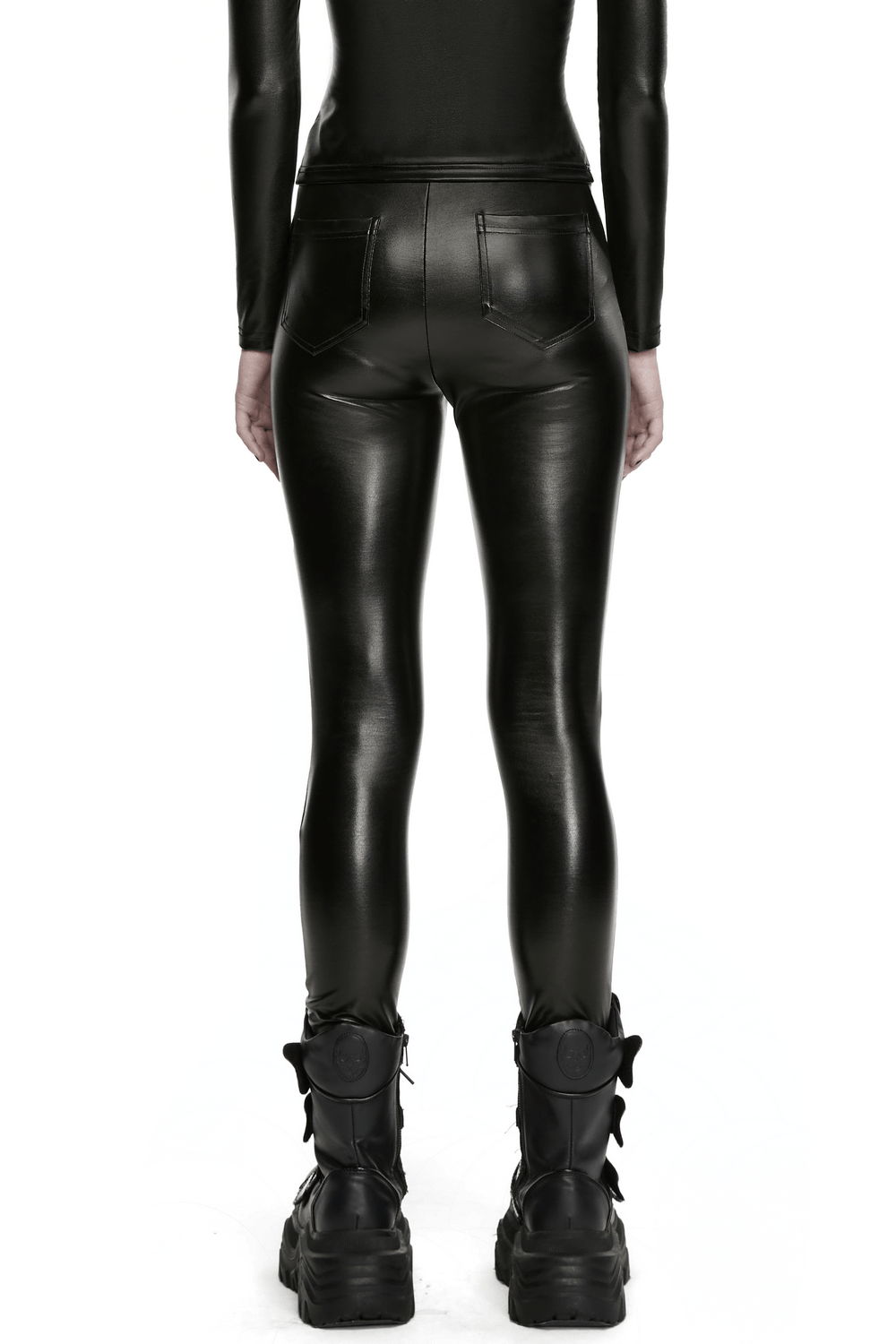 Bold Black Faux Leather Buckle Cutout Punk Leggings showcasing a sleek fit and stylish back view with rivet accents.