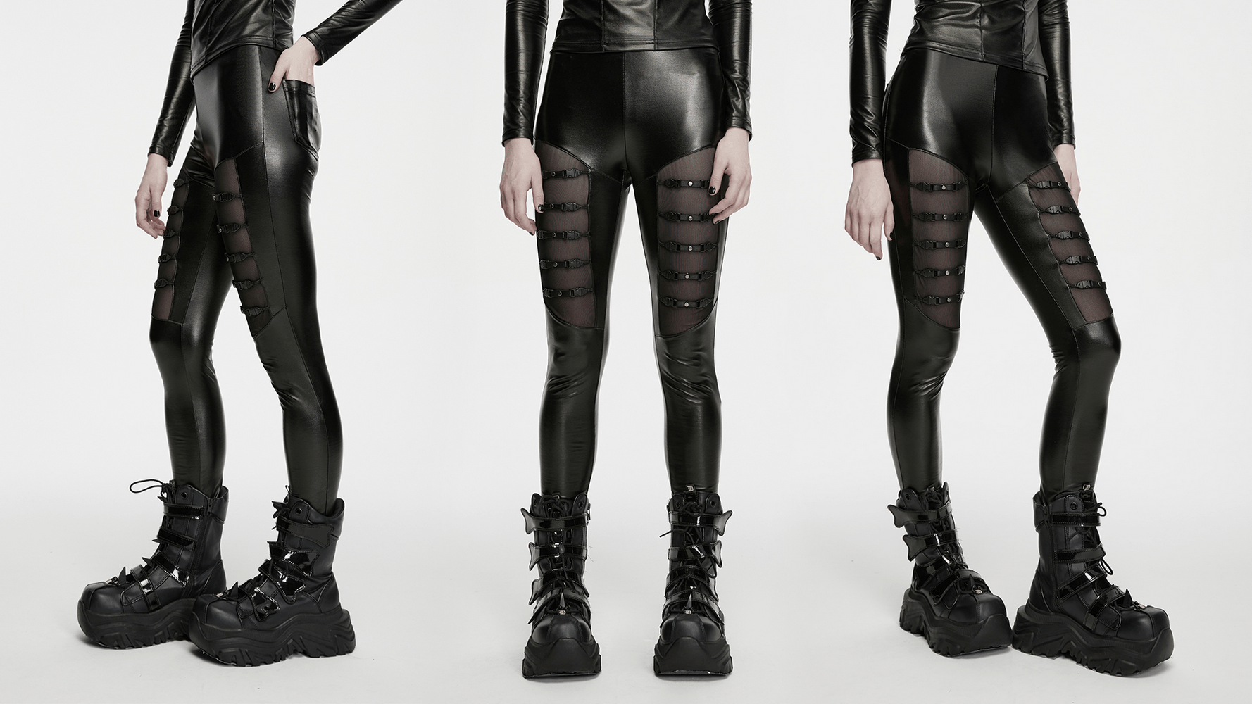 Bold Black Faux Leather Buckle Cutout Punk Leggings with mesh panels and rivet straps.