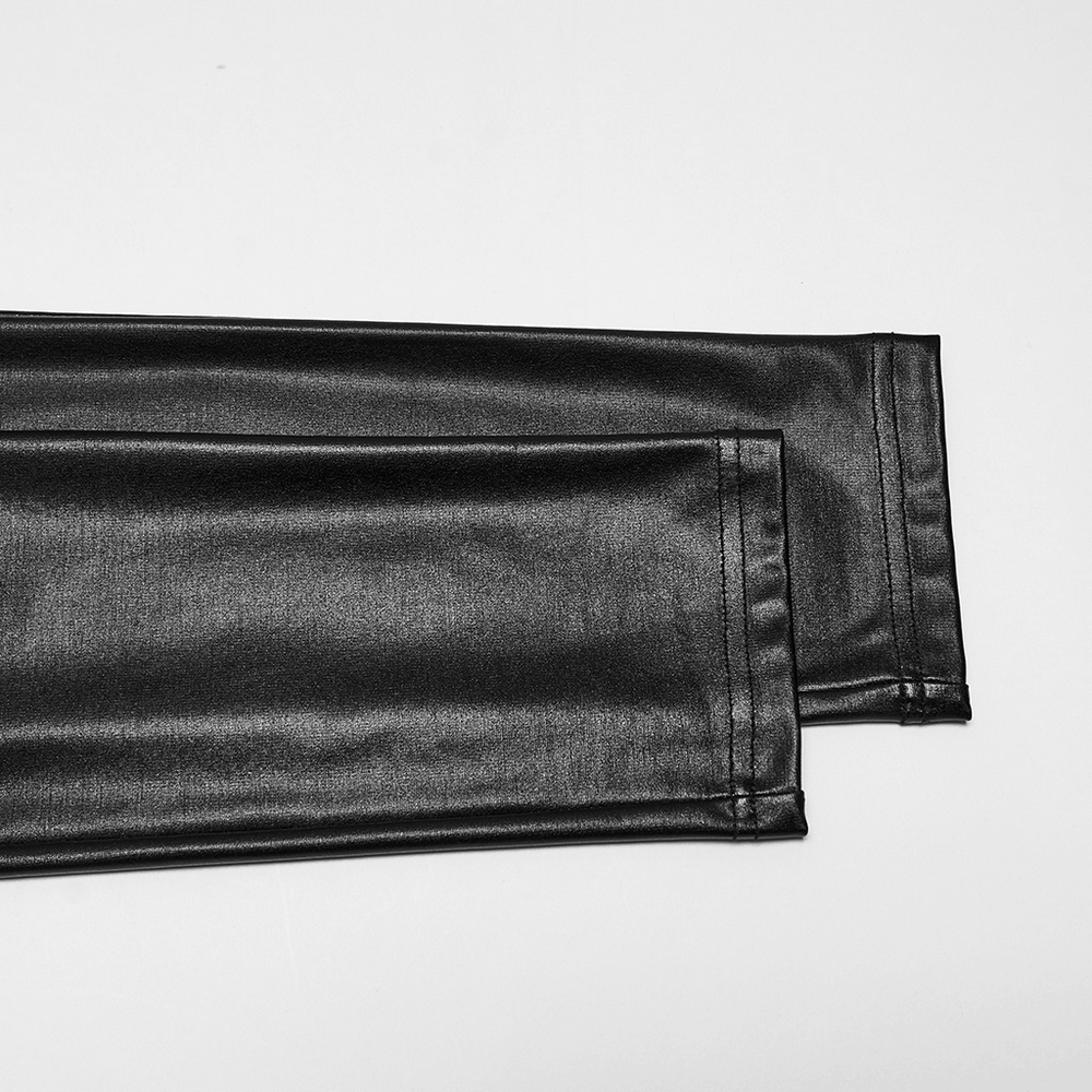 Bold Black Faux Leather Buckle Cutout Punk Leggings close-up showcasing smooth, stretch faux leather texture.