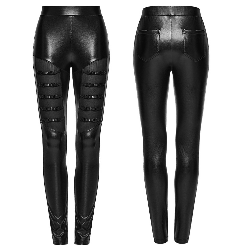 Bold Black Faux Leather Buckle Cutout Punk Leggings showcasing buckled straps and sleek fit from front and back view.