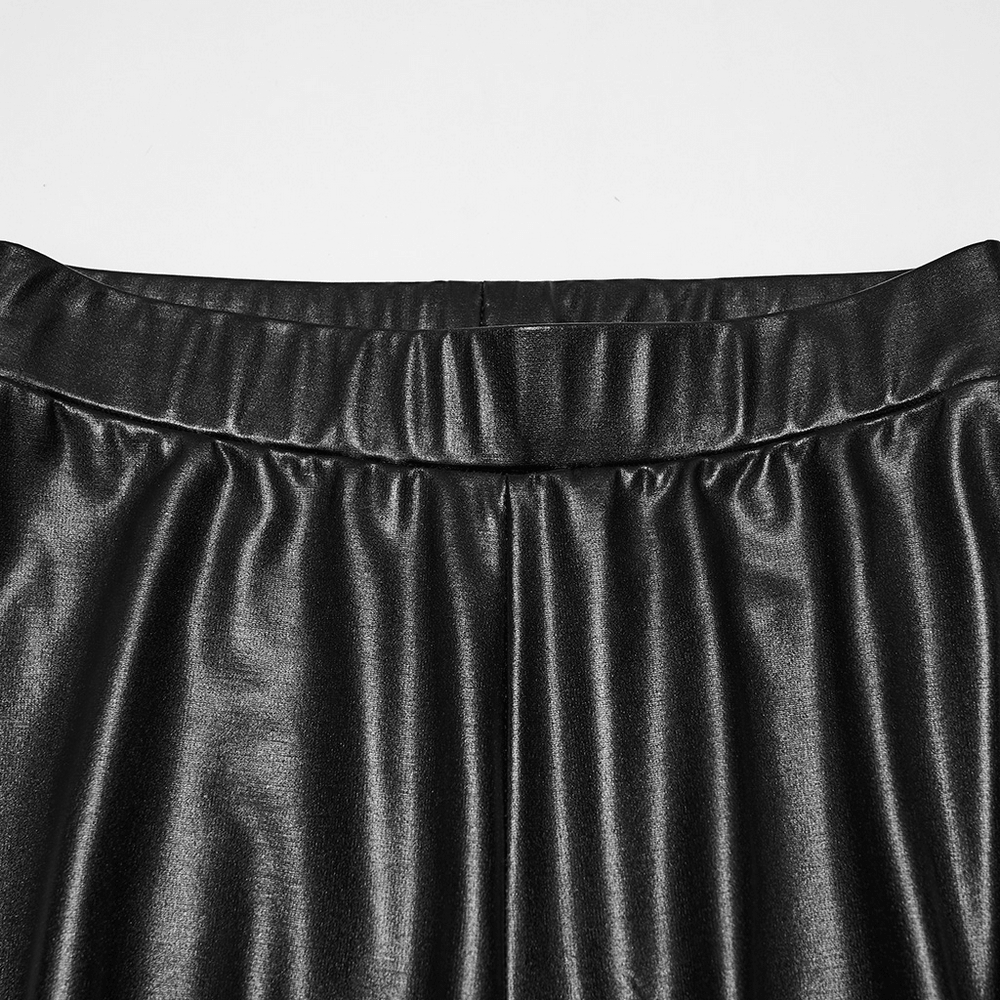 Close-up view of the waistband of Bold Black Faux Leather Buckle Cutout Punk Leggings, showcasing sleek fabric and design.