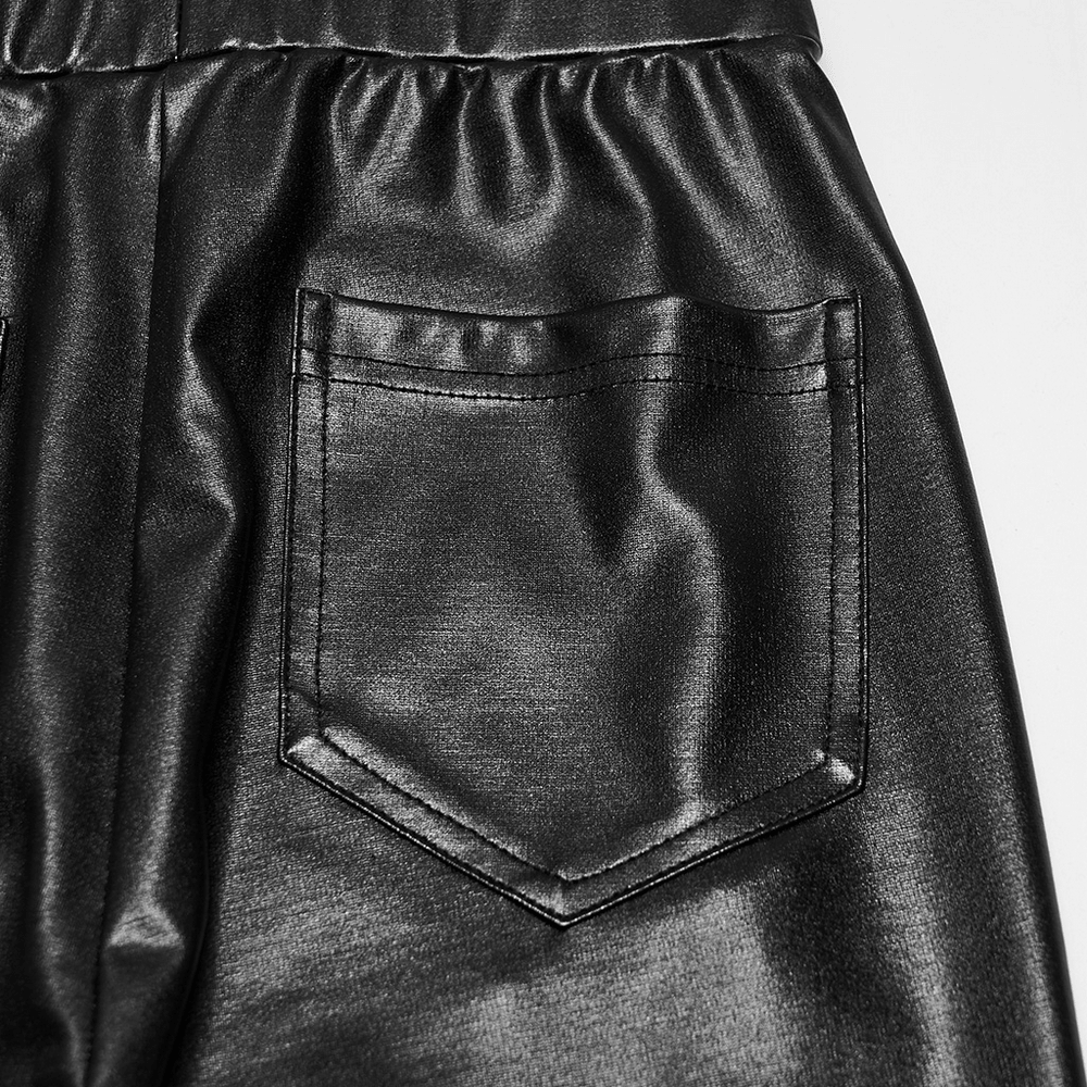 Close-up of the pocket detail of Bold Black Faux Leather Buckle Cutout Punk Leggings showcasing sleek faux leather.