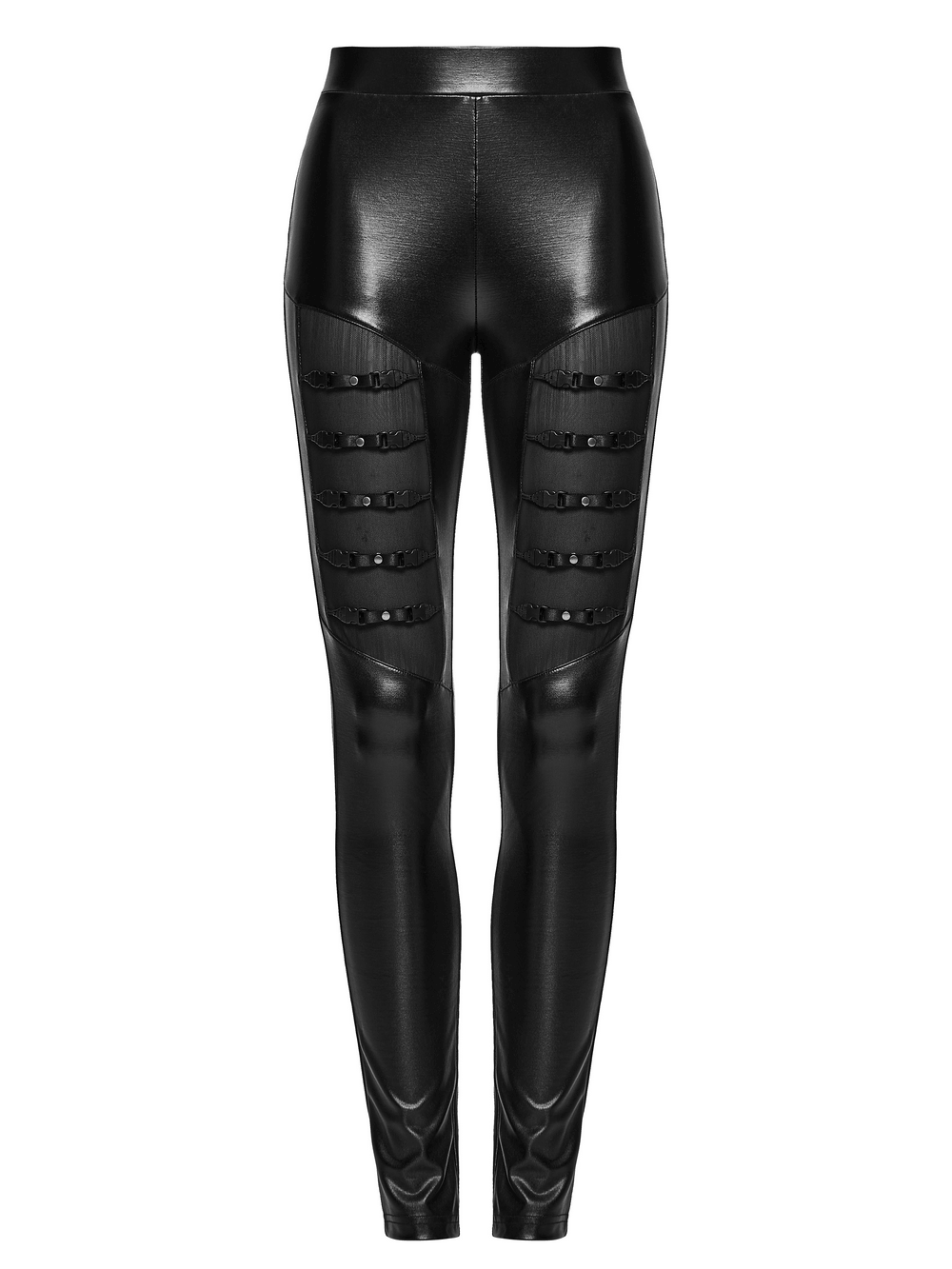 Bold Black Faux Leather Buckle Cutout Punk Leggings with mesh panels and rivet straps for a striking punk look.