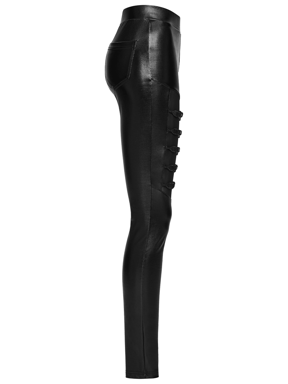 Bold Black Faux Leather Buckle Cutout Punk Leggings featuring rivet straps and a sleek fit.