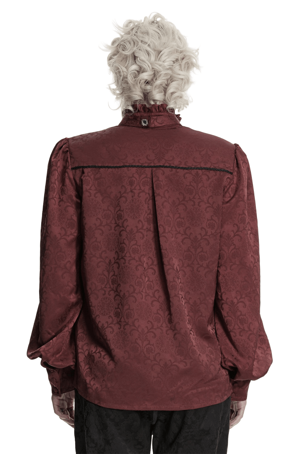 Burgundy Gothic Jacquard Shirt with Coffin Embroidery showcasing intricate back design and textured fabric.