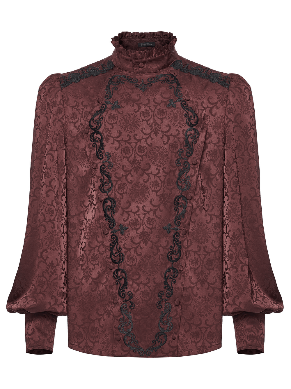 Burgundy Gothic Jacquard Shirt with Coffin Embroidery featuring intricate design and elegant sleeves.