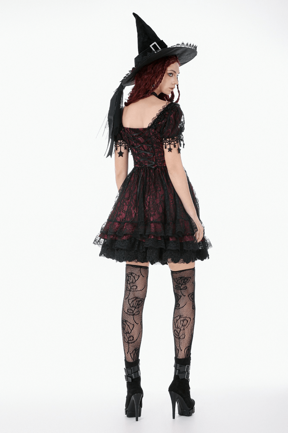Burgundy Gothic Lace Corset Dress with Star Charm Sleeves showcased with a witch hat and lace stockings.