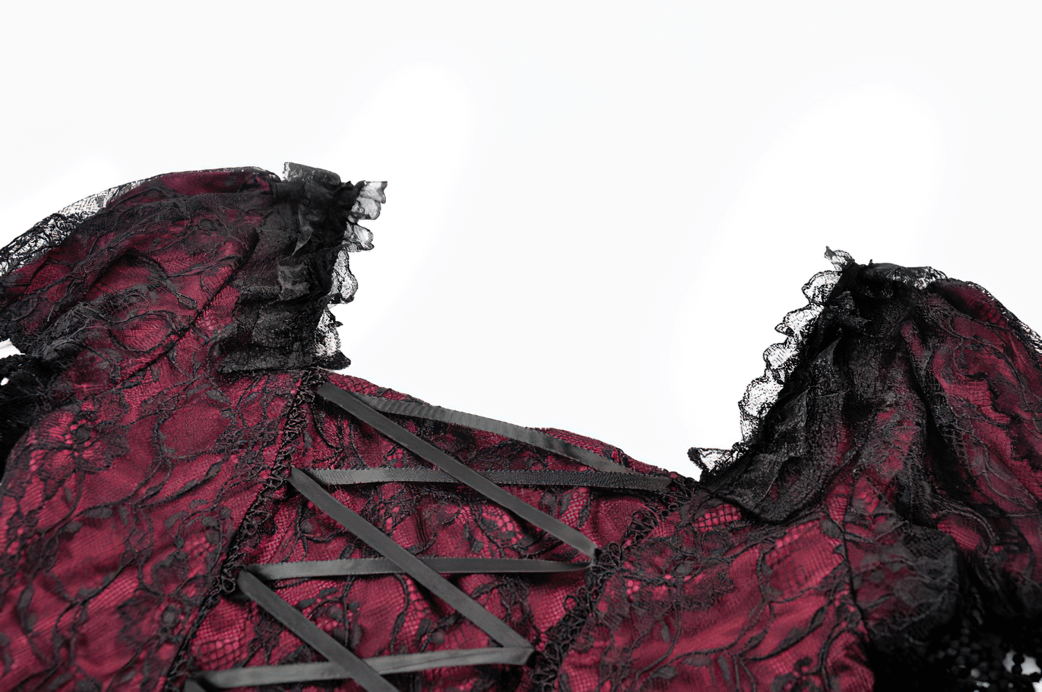 Burgundy Gothic Lace Corset Dress with Star Charm Sleeves showcasing lace detailing and a corset-inspired bodice.