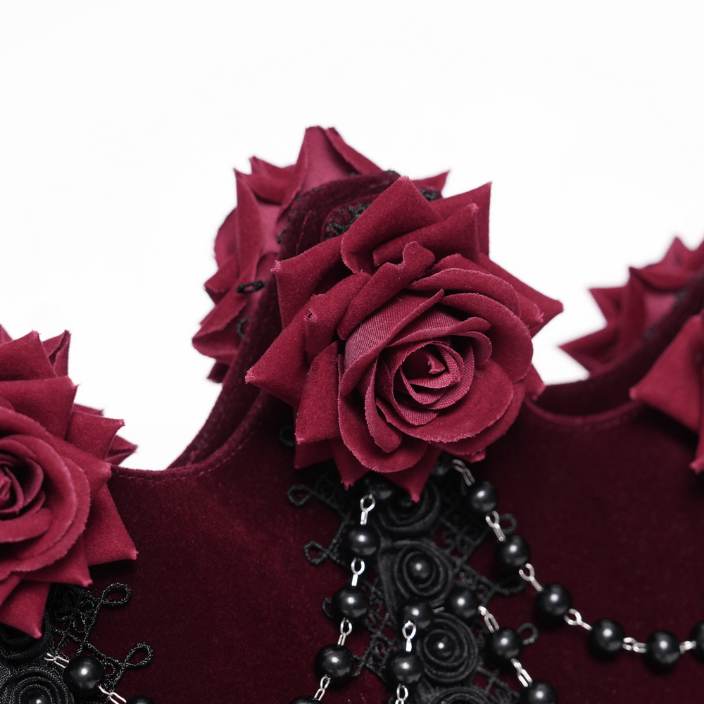 Alt Tag: Burgundy Gothic Rose Handbag with Lace and Chains in burgundy velvet with sculpted roses, black lace panels, and draped beads