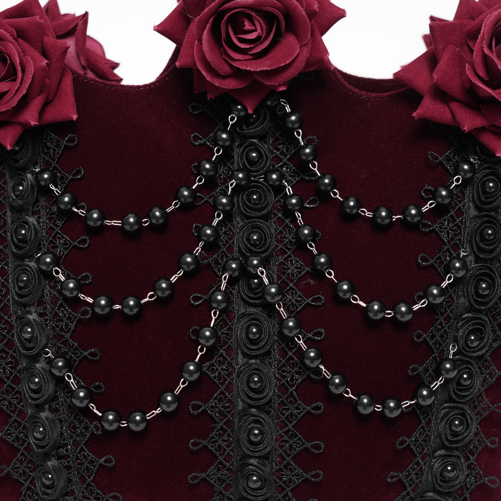 Alt Tag: Burgundy Gothic Rose Handbag with Lace and Chains in burgundy velvet, black lace panels, draped bead strands, silver heart chain detail
