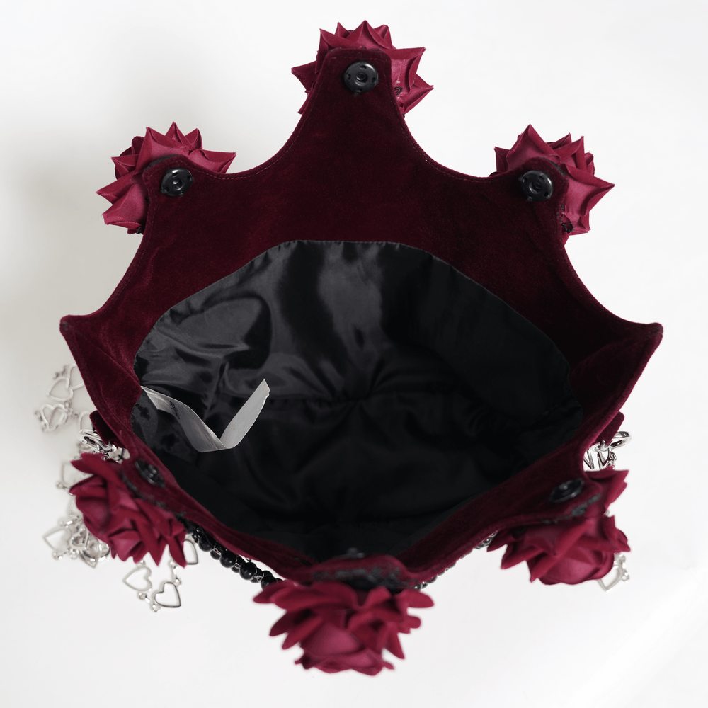 Alt Tag: Burgundy Gothic Rose Handbag with Lace and Chains open top view showing burgundy velvet rose appliques and black satin interior