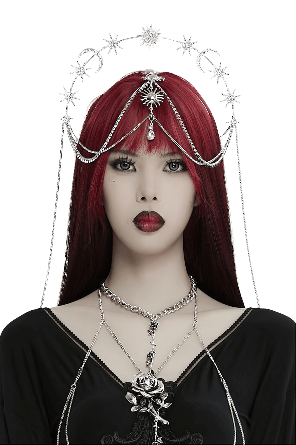 Celestial gothic headpiece featuring stars, moons, and crystal chains for a mystical look.