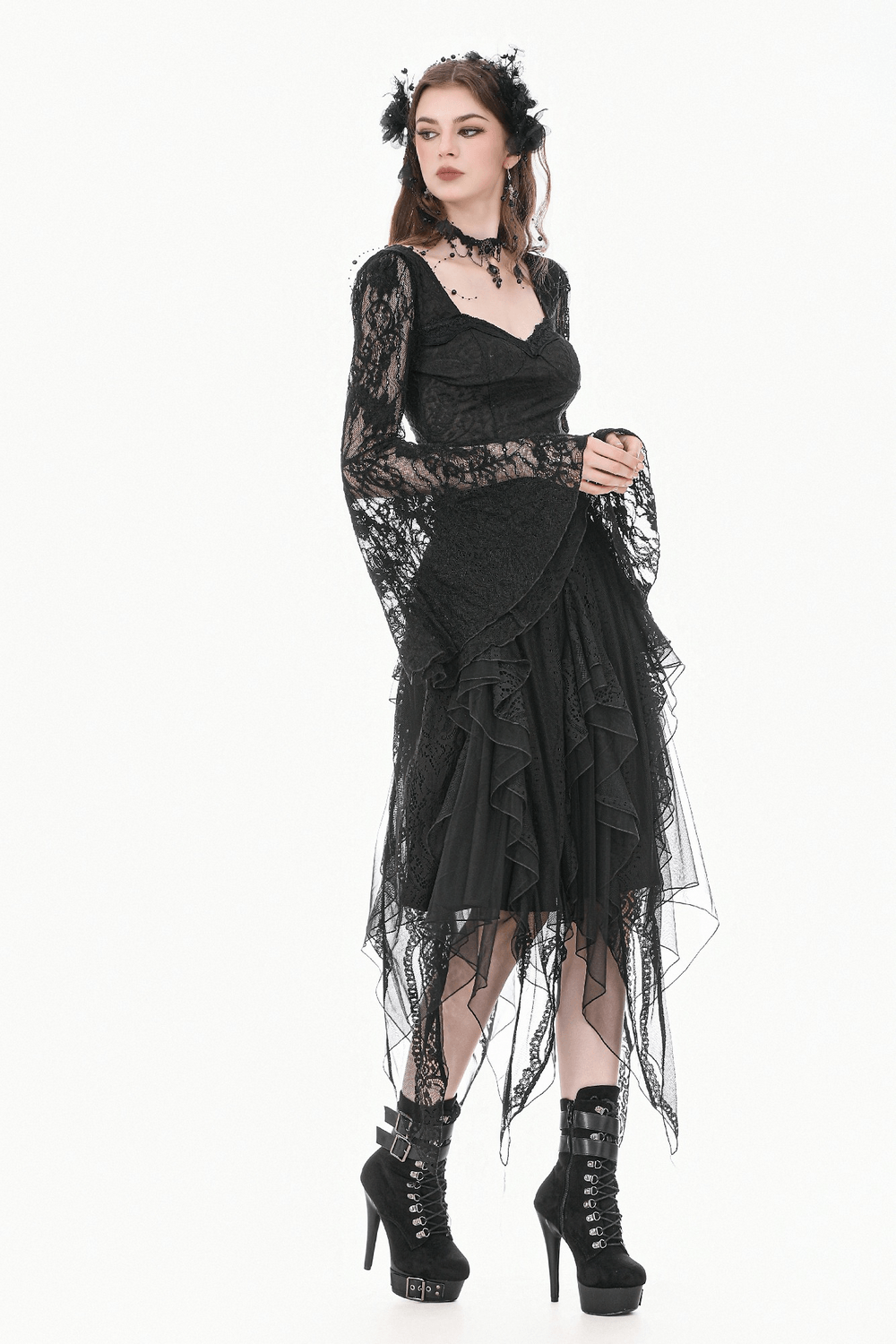 Chic Gothic Lace Top with Dramatic Bell Sleeves adorned with delicate lace and stylish flared sleeves.