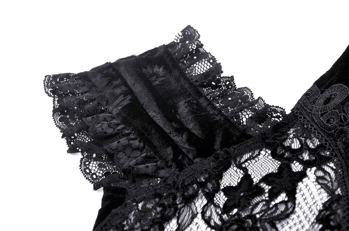 Close-up of chic black lace cold shoulder top showcasing intricate patterns and ruffled sleeves.
