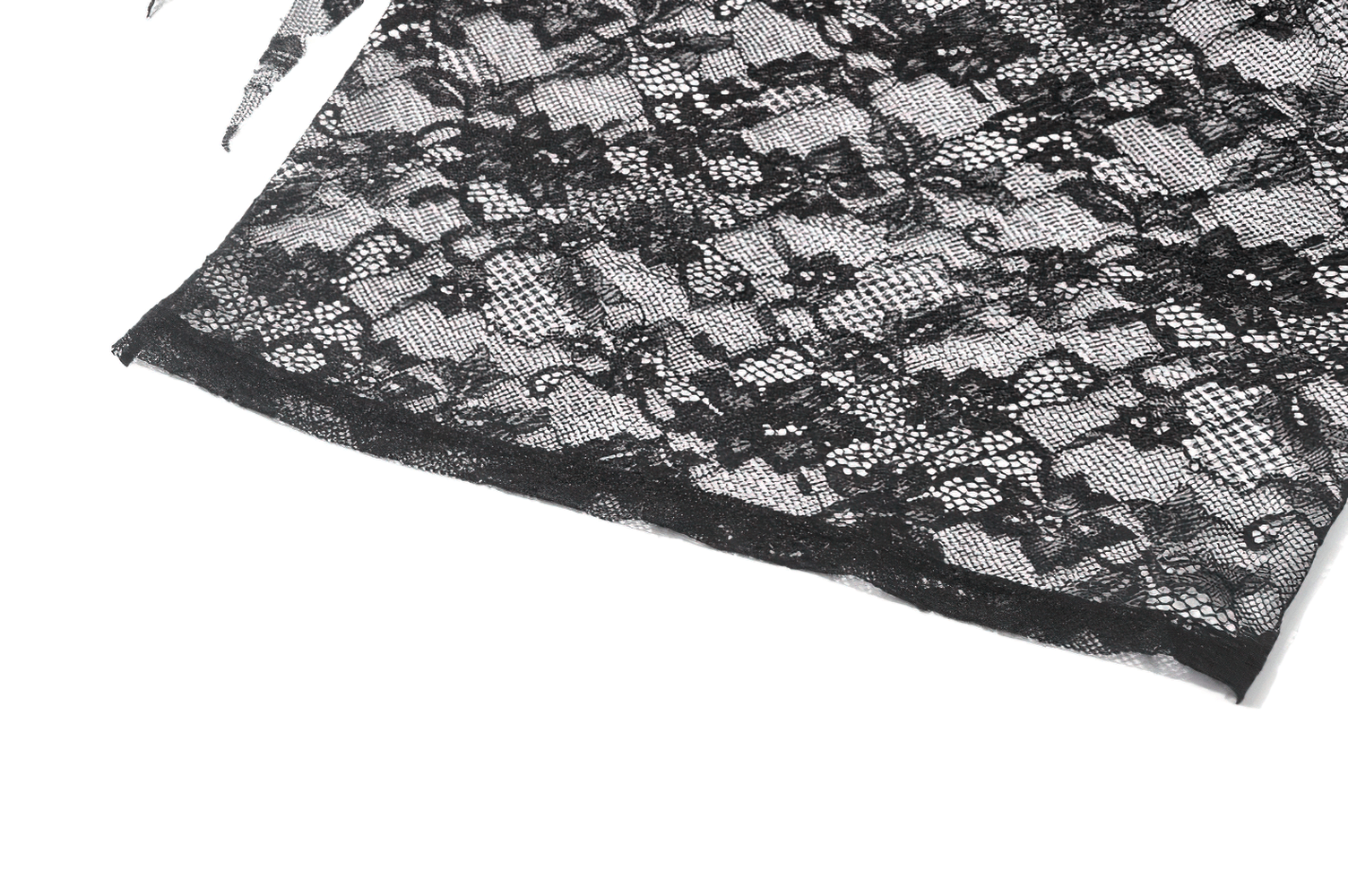 Chic Off Shoulder Floral Lace Sheer Mesh Top for Women close-up of black lace detail highlighting floral patterns and scalloped trim.