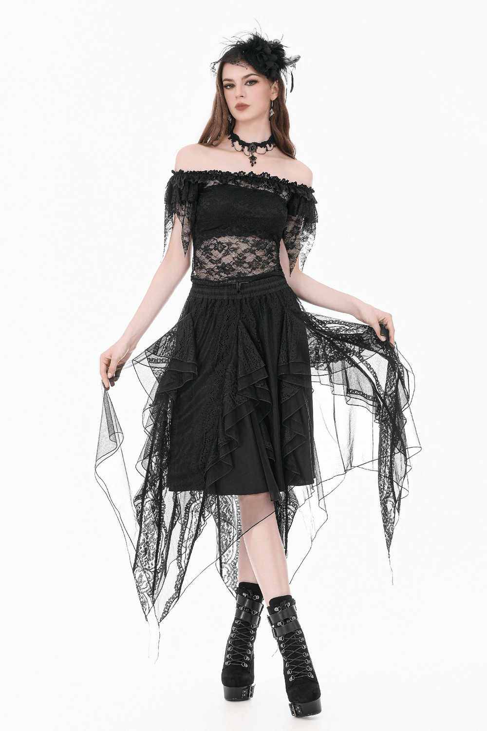 Chic Off Shoulder Floral Lace Sheer Mesh Top for Women styled with a dramatic skirt and gothic accessories.