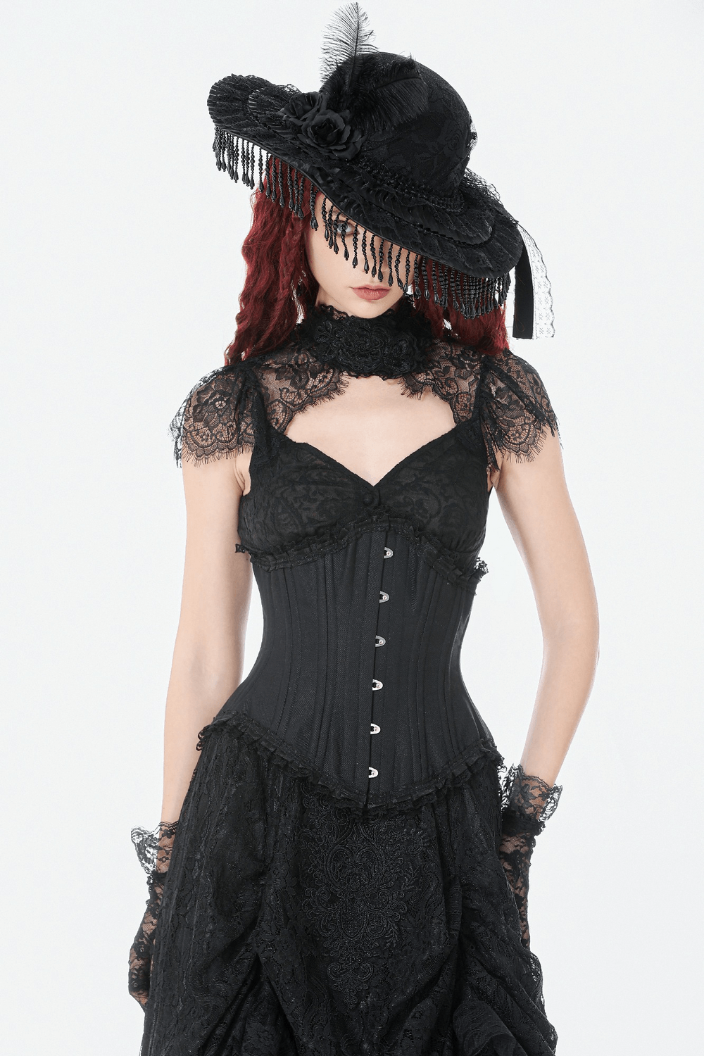 Chic Underbust Corset Waist Cincher with Lace-Up Front modeled with gothic elegance and Victorian-inspired accessories.