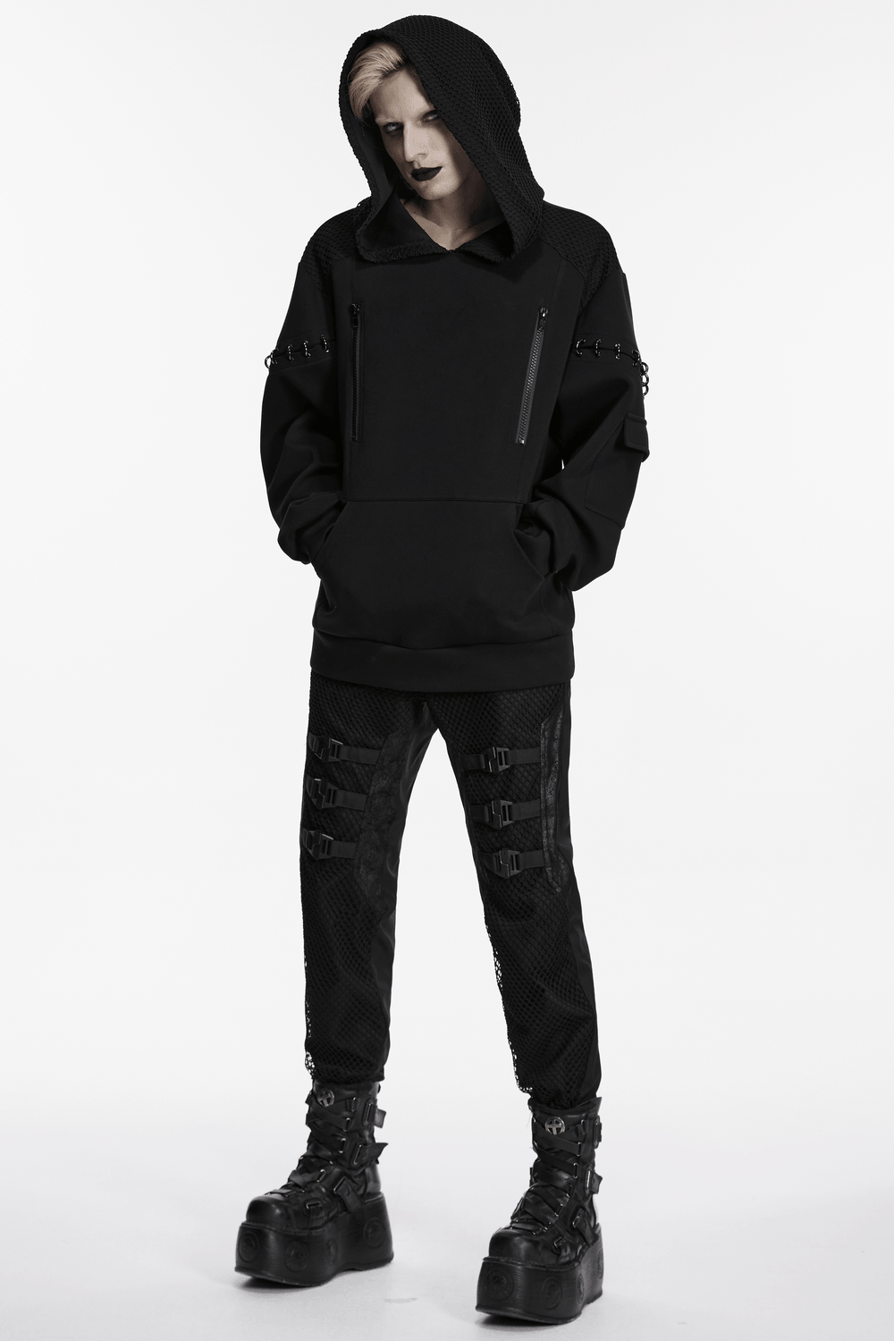 Cyberpunk Hoodie with Dual Hood and Metal Details worn by a model, showcasing bold streetwear style.