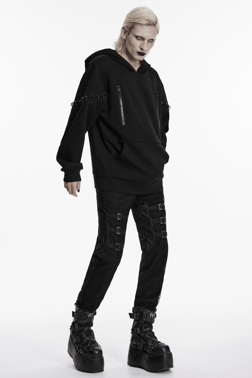Cyberpunk Hoodie with Dual Hood and Metal Details worn by model with chunky platform boots and edgy style.