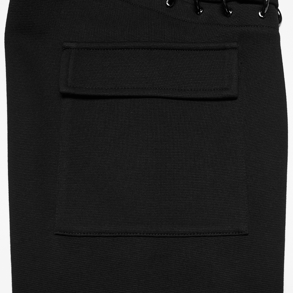 Close-up of a pocket detail on the Cyberpunk Hoodie with Dual Hood and Metal Details, showcasing its sleek black fabric.