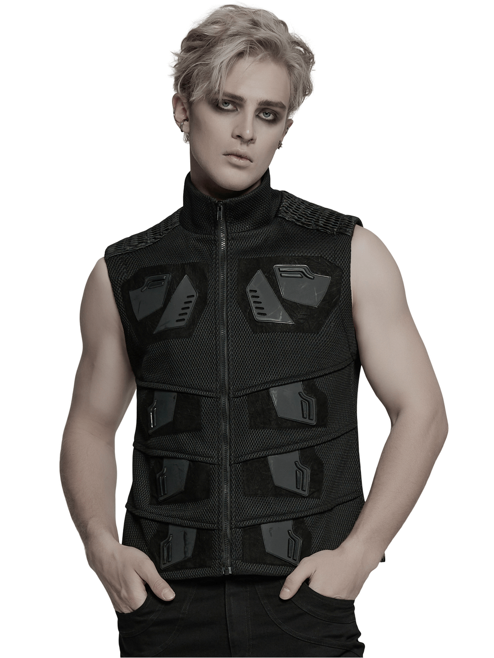 Cyberpunk mesh and leather vest featuring 3D rubber detailing, perfect for a futuristic fashion statement.