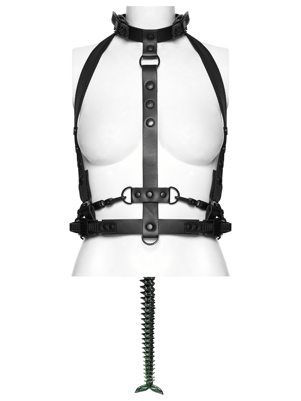 Cyberpunk Spine Tail Harness with Chains and Buckles featuring O-rings and a sculpted bone spine.