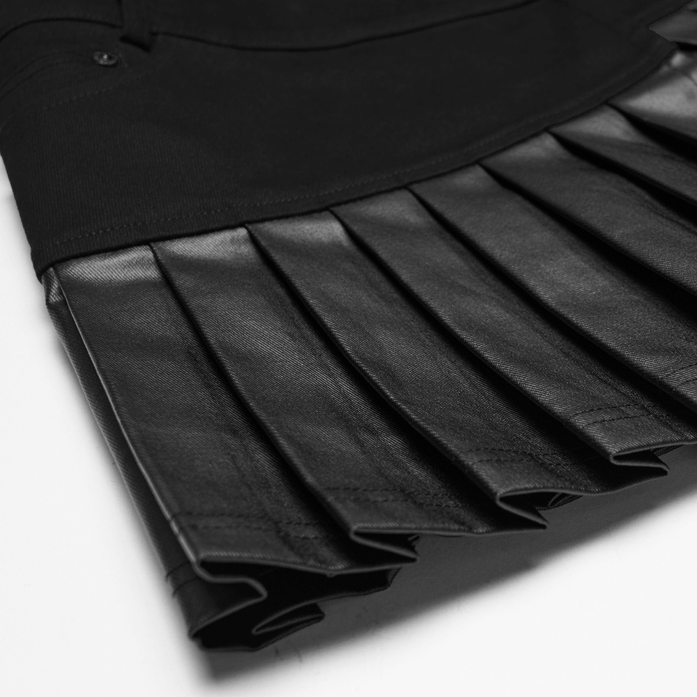 Cyberpunk Streetwear Buckle Pleated Skirt with Straps showcasing pleated leather detail and sleek design.