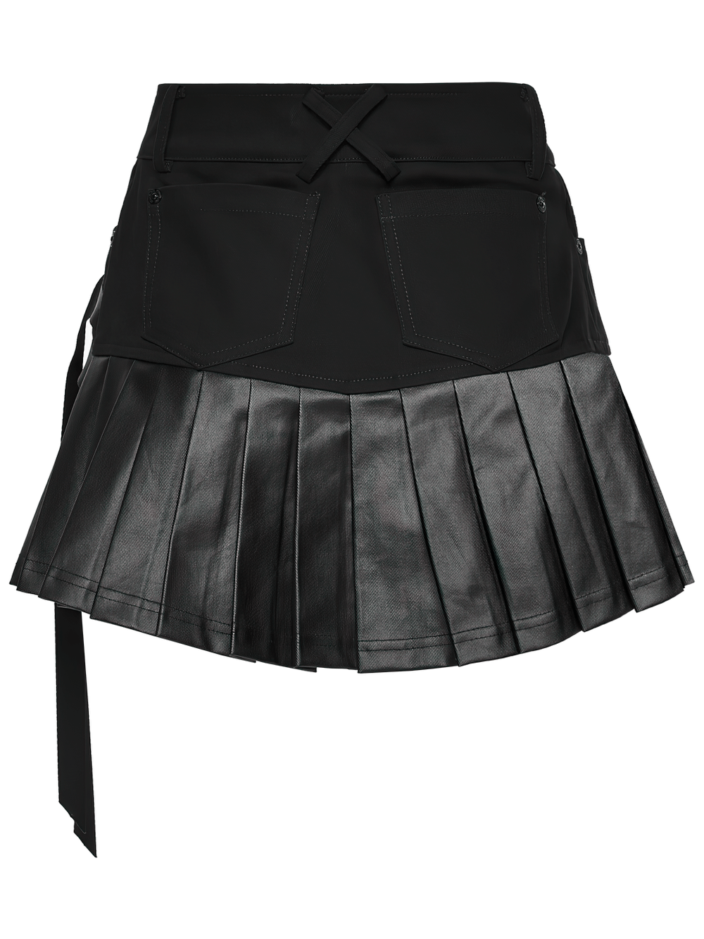 Cyberpunk Streetwear Buckle Pleated Skirt with Straps featuring a mix of denim and pleated leather for a bold look.